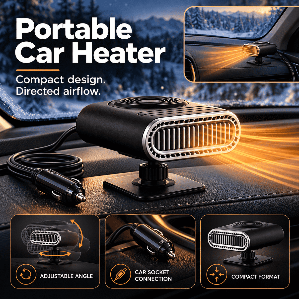 Portable Car Heater – Fast Windshield Defrost & Defog -up