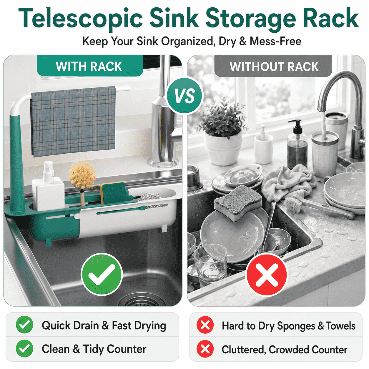Adjustable Sink Organizer | Hang Towels Up Top, Store Cleaning Supplies Below, Drain Water at the Bottom