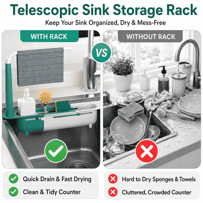 Adjustable Sink Organizer | Hang Towels Up Top, Store Cleaning Supplies Below, Drain Water at the Bottom