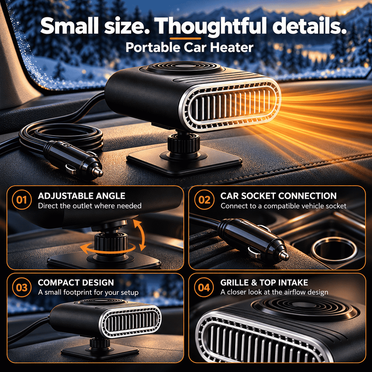 Portable Car Heater – Fast Windshield Defrost & Defog -up