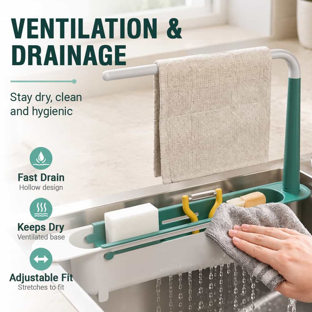 Adjustable Sink Organizer | Hang Towels Up Top, Store Cleaning Supplies Below, Drain Water at the Bottom