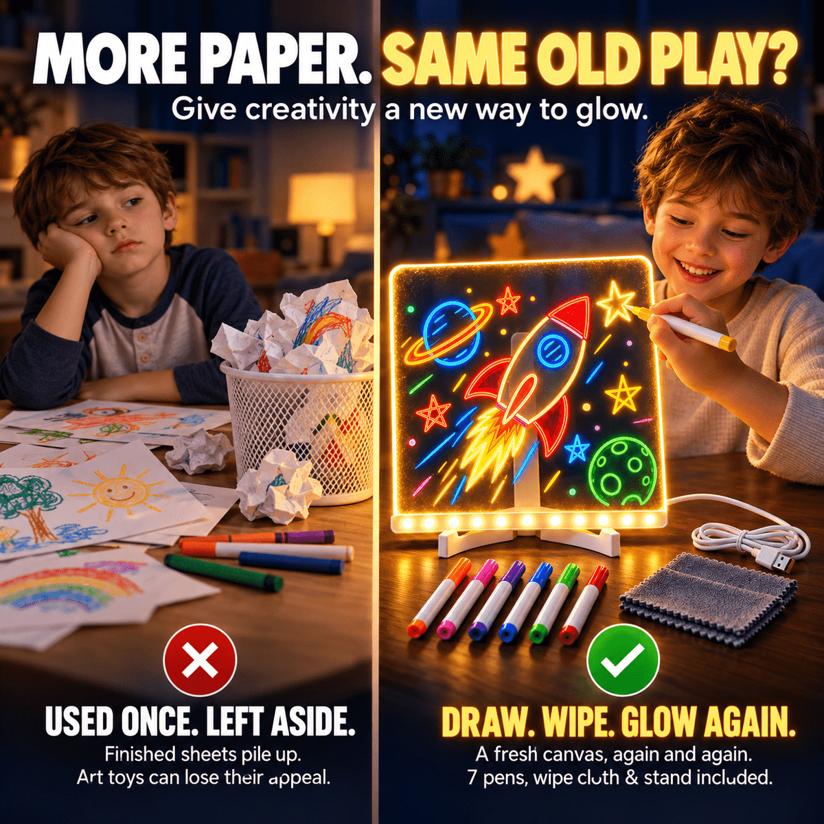 Kids’ LED Glow Drawing Board – Reusable DIY Art Kit with 7 Color Pens, Wipe Cloth & Stand 🧚