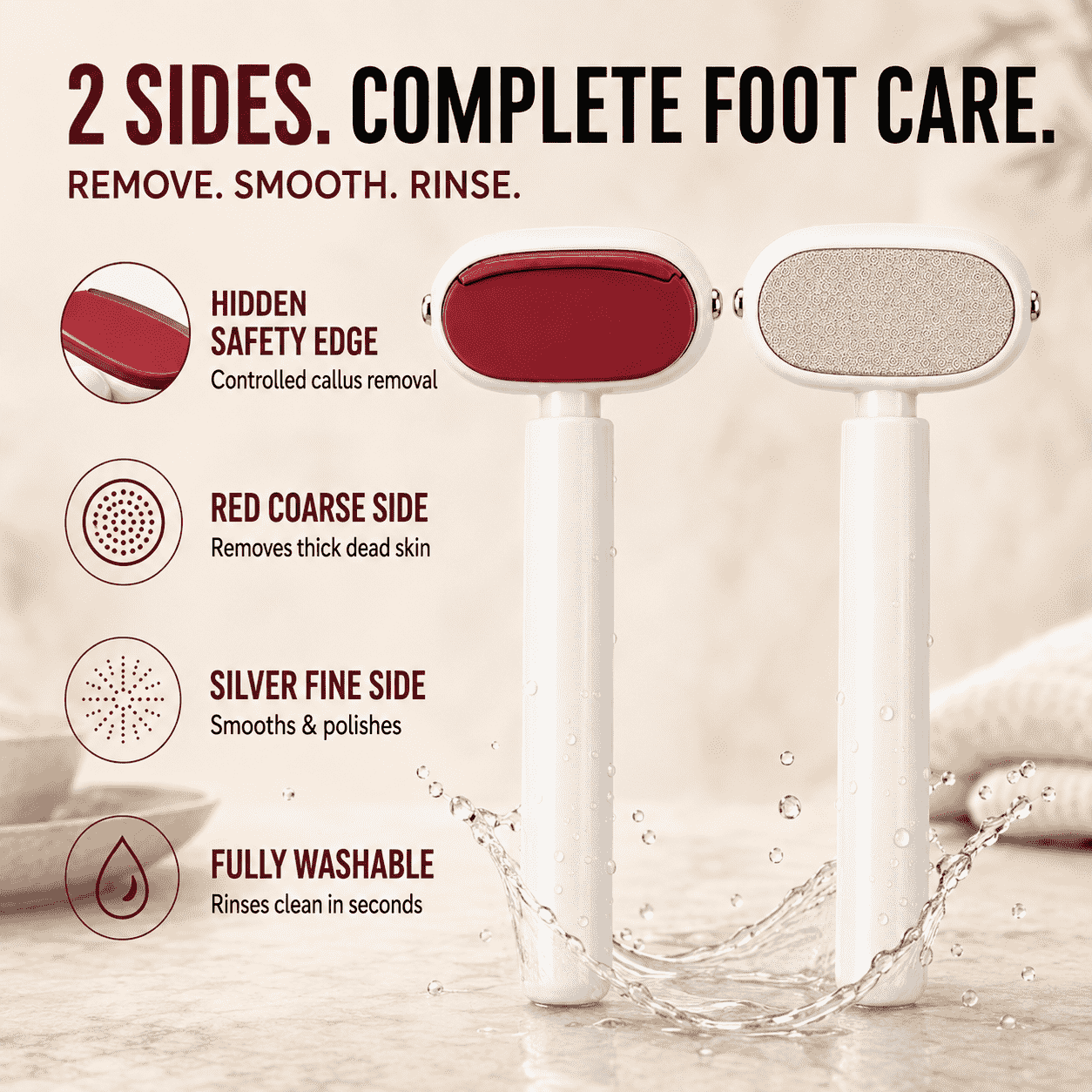 2-in-1 Foot Callus Remover — Red Side Removes Calluses, Silver Side Smooths & Polishes