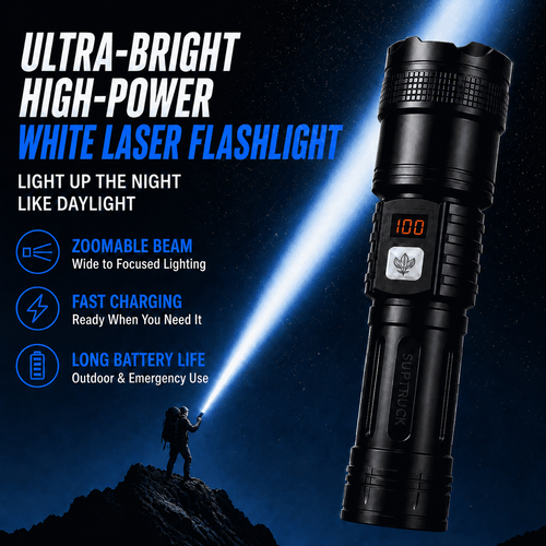 Ultra-Bright High-Power White Laser Flashlight — Zoom Beam, Fast Charging & Long Battery for Outdoor & Emergency Use