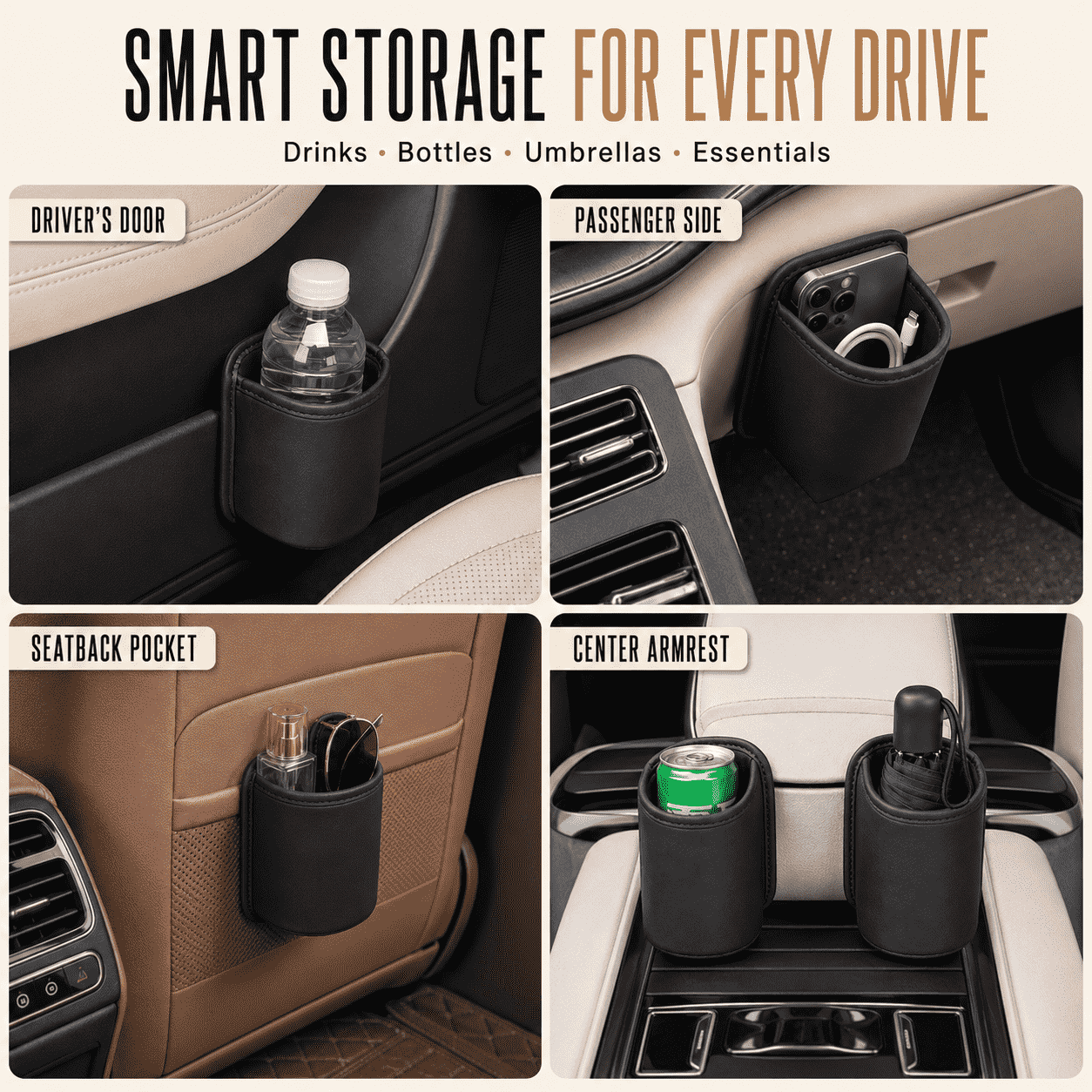 Car Cup Holder Storage Pouch — Stores Drinks, Bottles, Umbrellas & Essentials