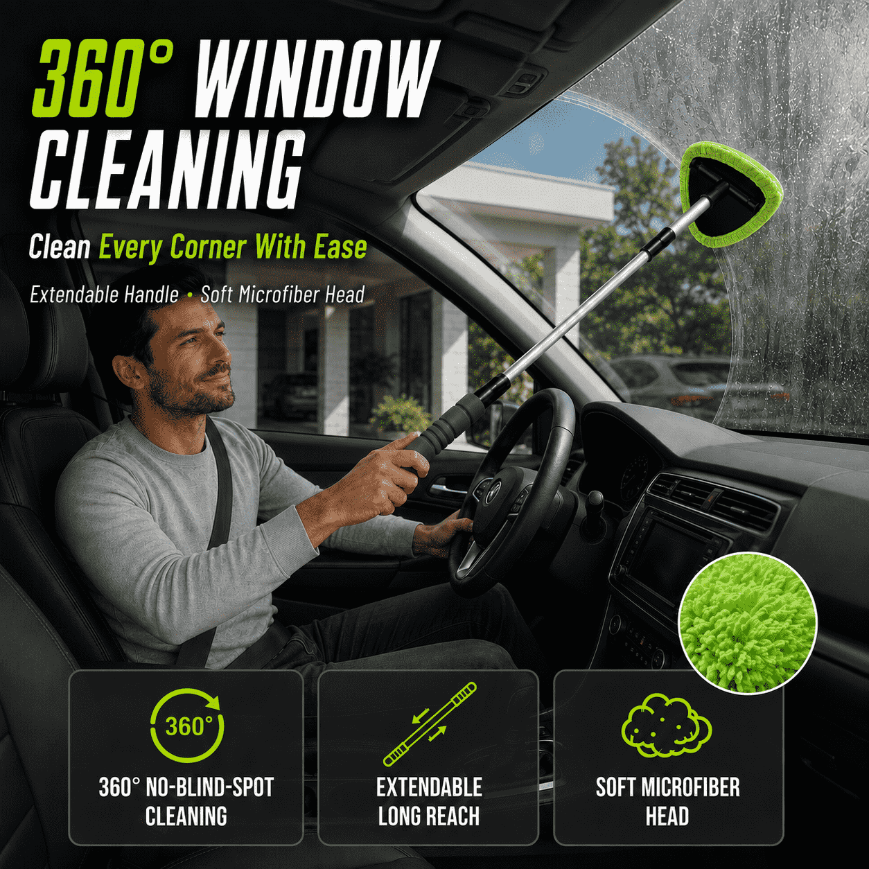 Car Windshield Cleaning Brush — Extendable Microfiber for 360° Window Cleaning