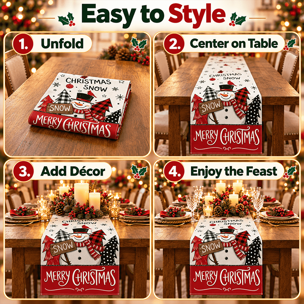 Product guide showing how to unfold and style the Christmas table runner