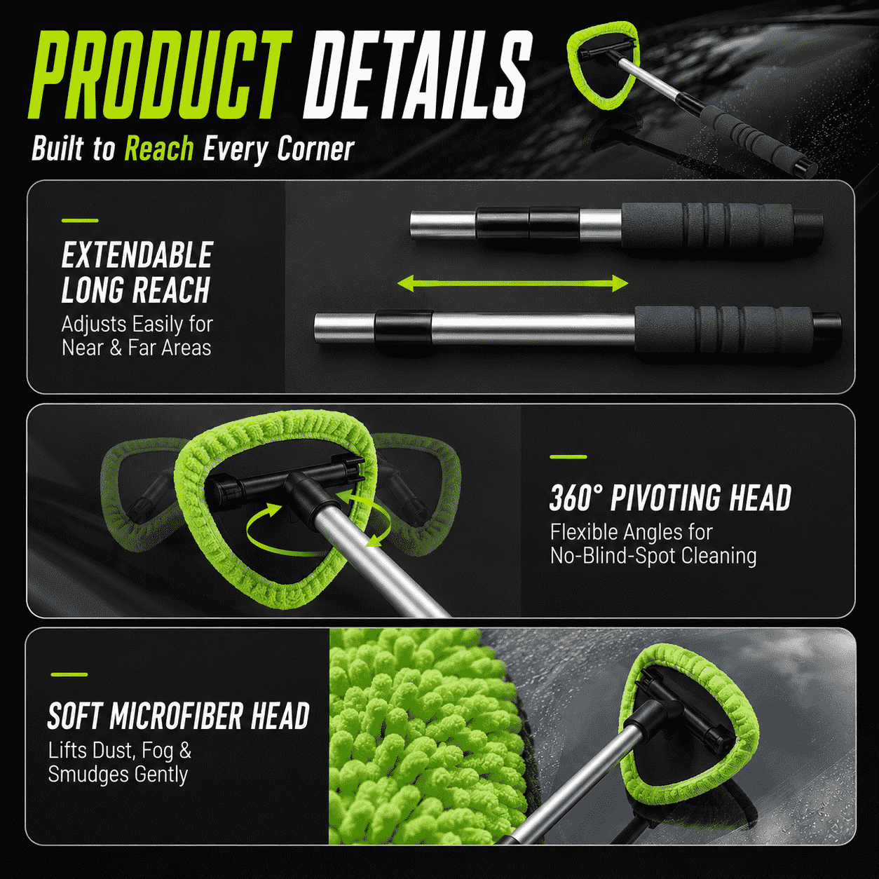Car Windshield Cleaning Brush — Extendable Microfiber for 360° Window Cleaning