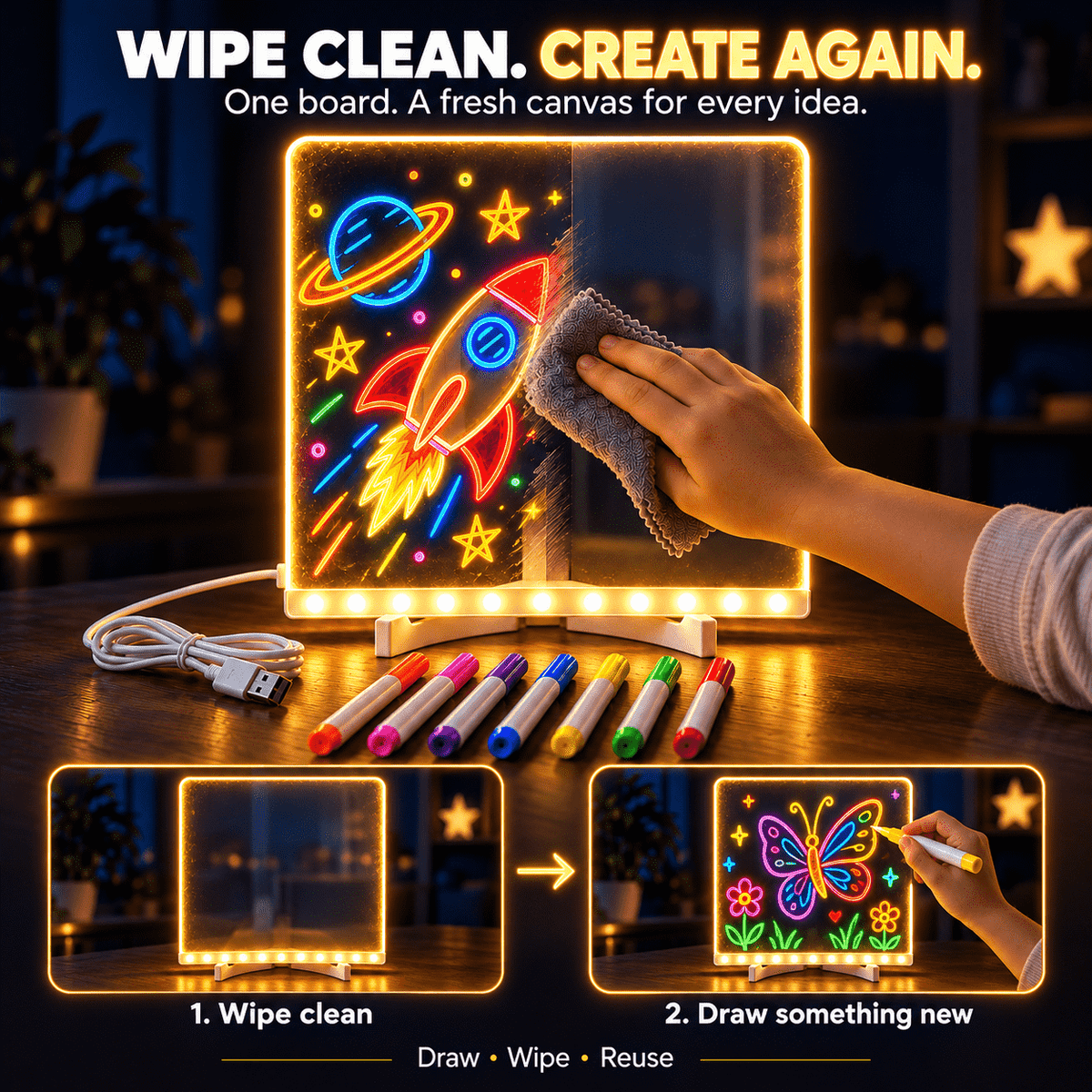 Kids’ LED Glow Drawing Board – Reusable DIY Art Kit with 7 Color Pens, Wipe Cloth & Stand 🧚