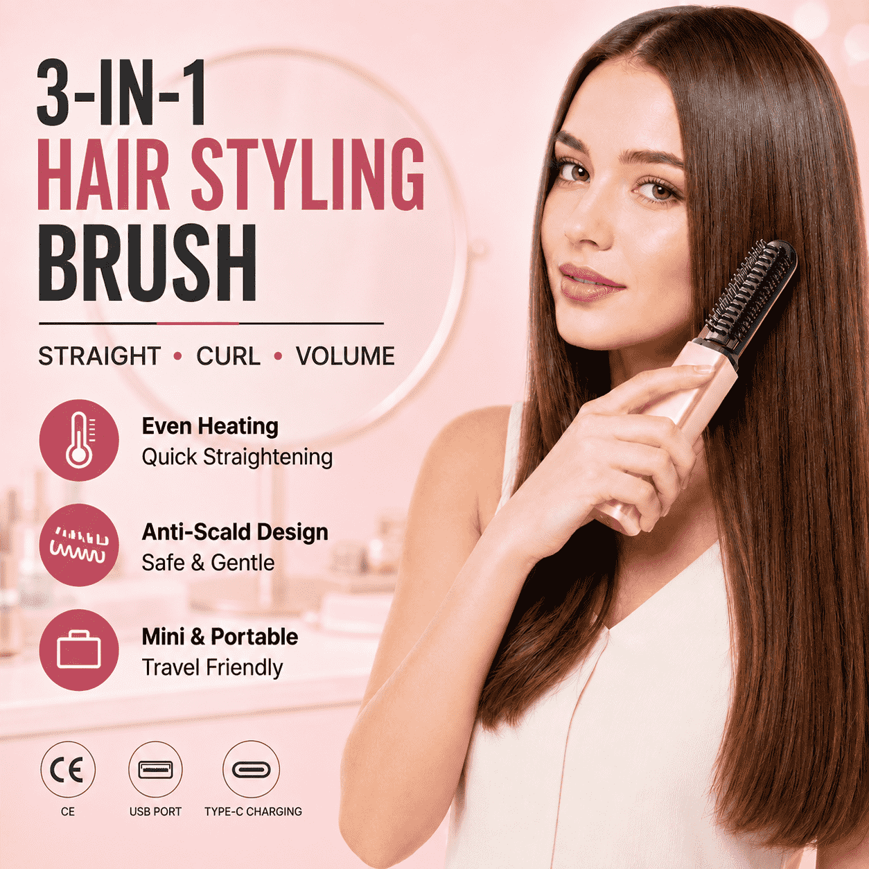 3-in-1 Anti-Scald Hair Styling Brush | Straighten, Curl & Volumize