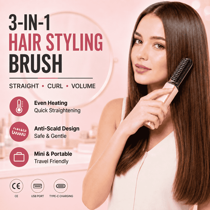 3-in-1 Anti-Scald Hair Styling Brush | Straighten, Curl & Volumize