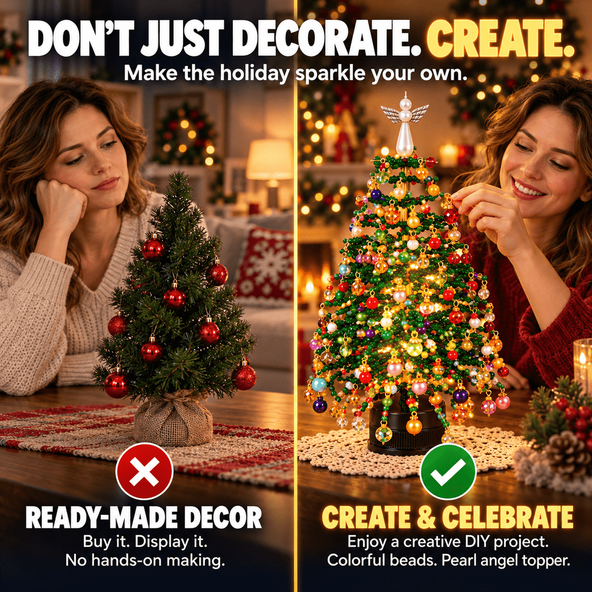 DIY Beaded Christmas Tree Kit – Colorful Ornaments & Pearl Angel Topper