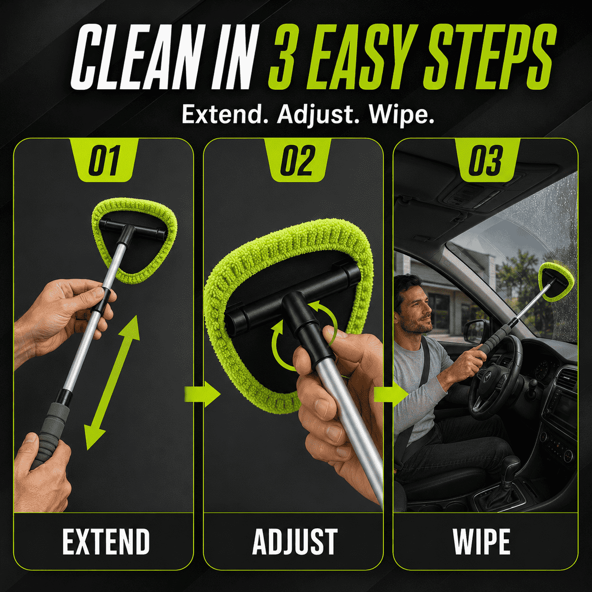 Car Windshield Cleaning Brush — Extendable Microfiber for 360° Window Cleaning