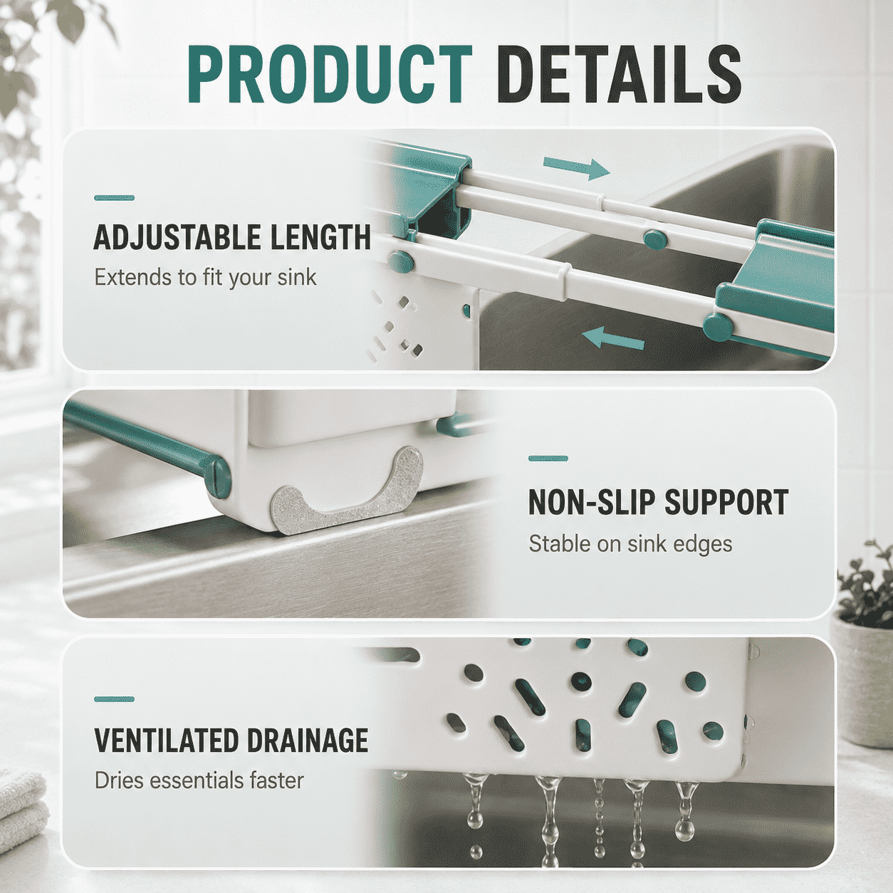 Adjustable Sink Organizer | Hang Towels Up Top, Store Cleaning Supplies Below, Drain Water at the Bottom