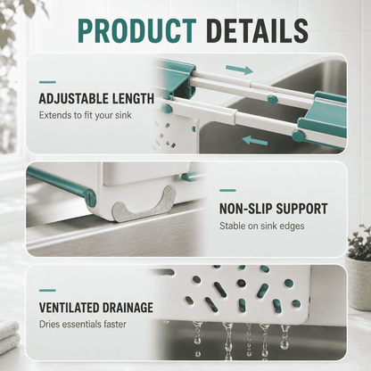 Adjustable Sink Organizer | Hang Towels Up Top, Store Cleaning Supplies Below, Drain Water at the Bottom