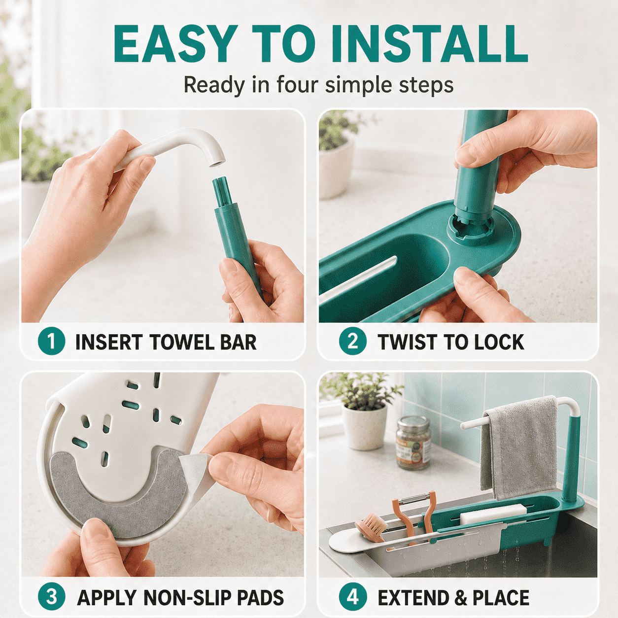 Adjustable Sink Organizer | Hang Towels Up Top, Store Cleaning Supplies Below, Drain Water at the Bottom