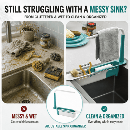 Adjustable Sink Organizer | Hang Towels Up Top, Store Cleaning Supplies Below, Drain Water at the Bottom