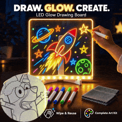 Kids’ LED Glow Drawing Board – Reusable DIY Art Kit with 7 Color Pens, Wipe Cloth & Stand 🧚