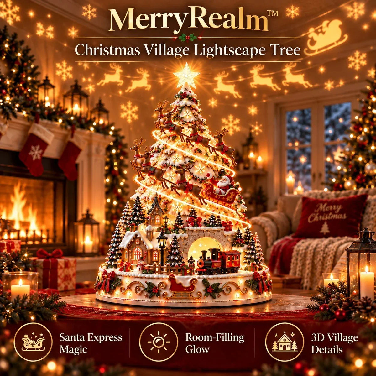 🎄 Magical Christmas Village Projection Centrepiece – 2 Festive Scenes -up