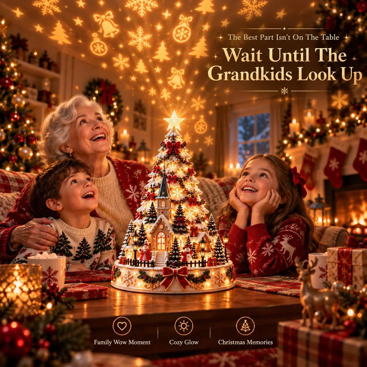 🎄 Magical Christmas Village Projection Centrepiece – 2 Festive Scenes -up