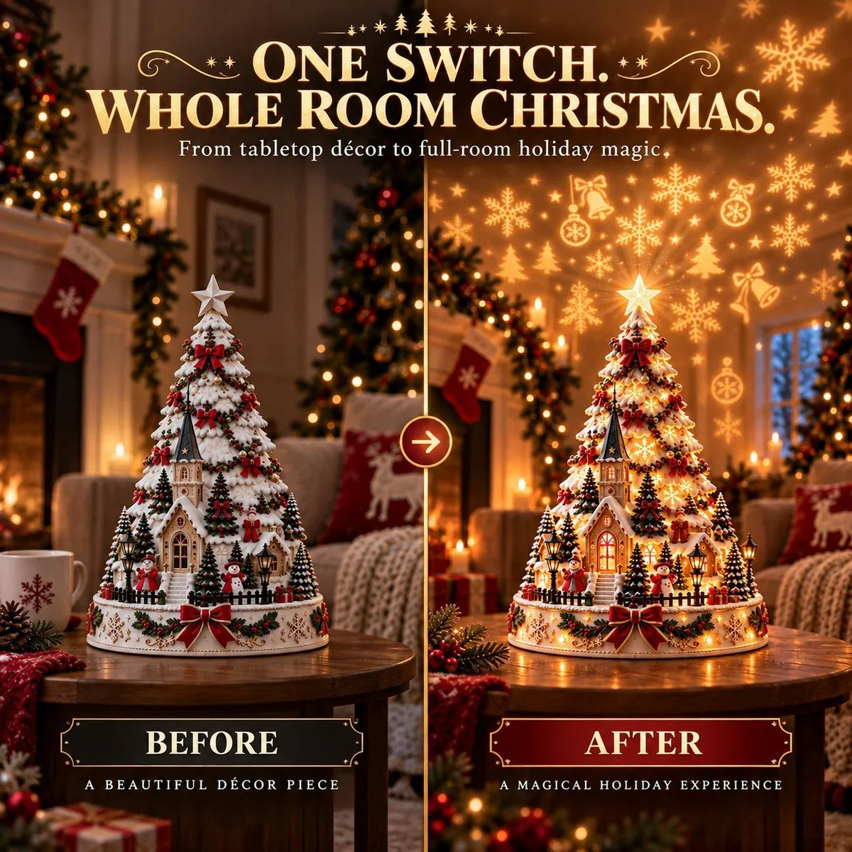 🎄 Magical Christmas Village Projection Centrepiece – 2 Festive Scenes -up