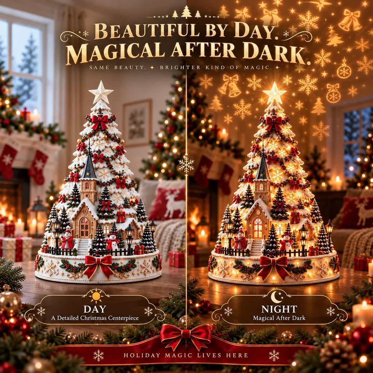 🎄 Magical Christmas Village Projection Centrepiece – 2 Festive Scenes -up