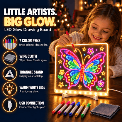 Kids’ LED Glow Drawing Board – Reusable DIY Art Kit with 7 Color Pens, Wipe Cloth & Stand 🧚
