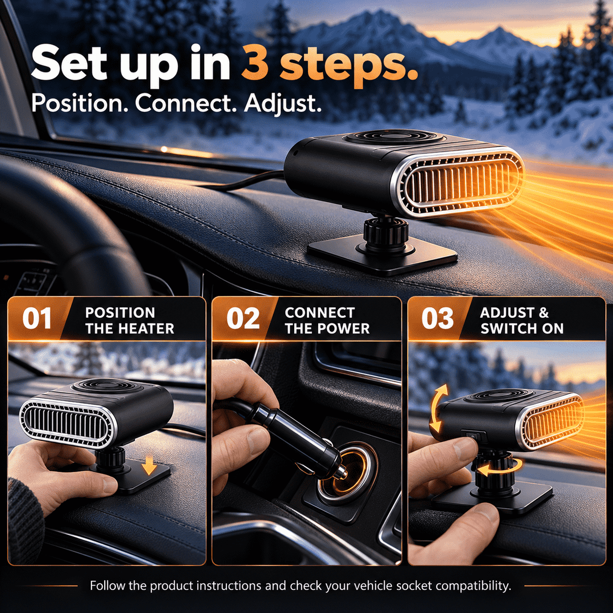 Portable Car Heater – Fast Windshield Defrost & Defog -up