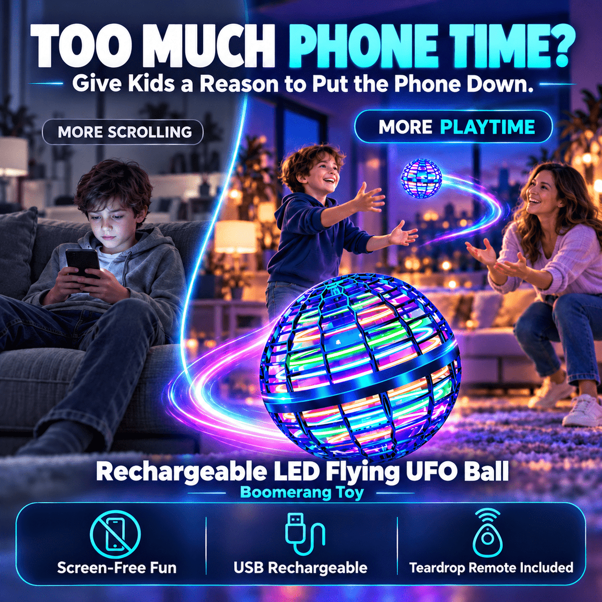 🥏Rechargeable LED Flying UFO Ball – Auto Return Boomerang Toy