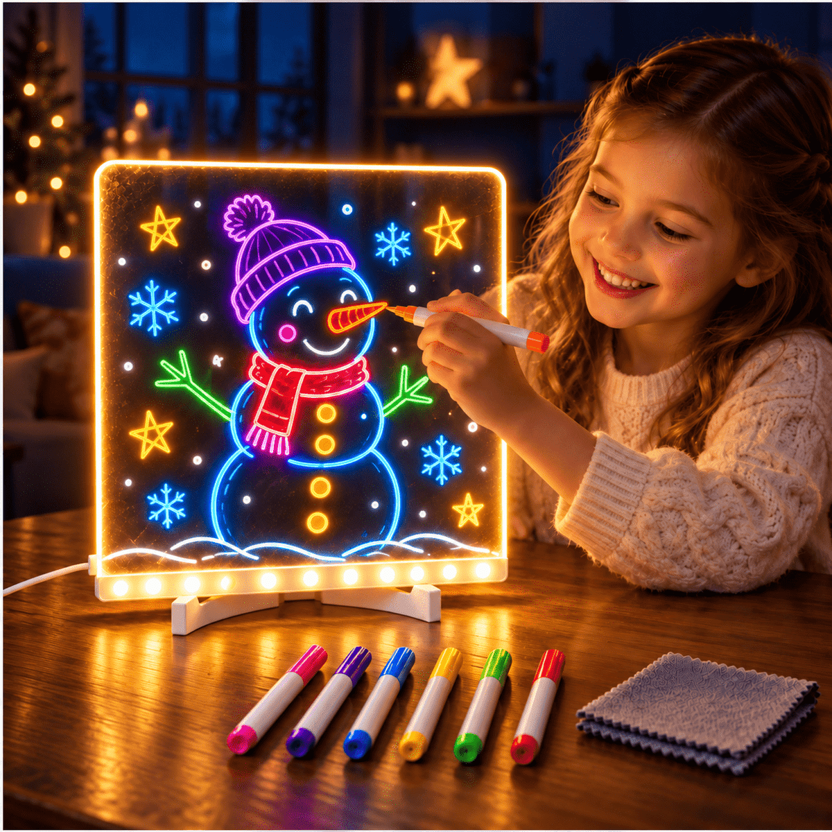 Kids’ LED Glow Drawing Board – Reusable DIY Art Kit with 7 Color Pens, Wipe Cloth & Stand 🧚