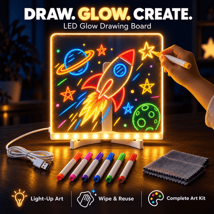 Kids’ LED Glow Drawing Board – Reusable DIY Art Kit with 7 Color Pens, Wipe Cloth & Stand 🧚
