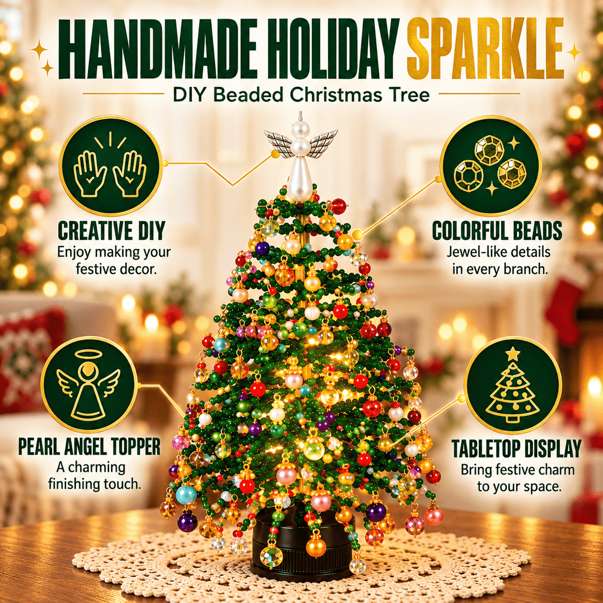 DIY Beaded Christmas Tree Kit – Colorful Ornaments & Pearl Angel Topper