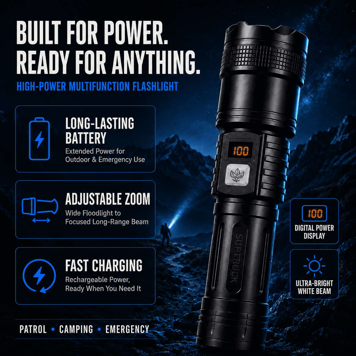 Ultra-Bright High-Power White Laser Flashlight — Zoom Beam, Fast Charging & Long Battery for Outdoor & Emergency Use