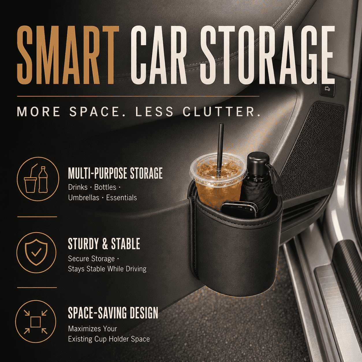 Car Cup Holder Storage Pouch — Stores Drinks, Bottles, Umbrellas & Essentials