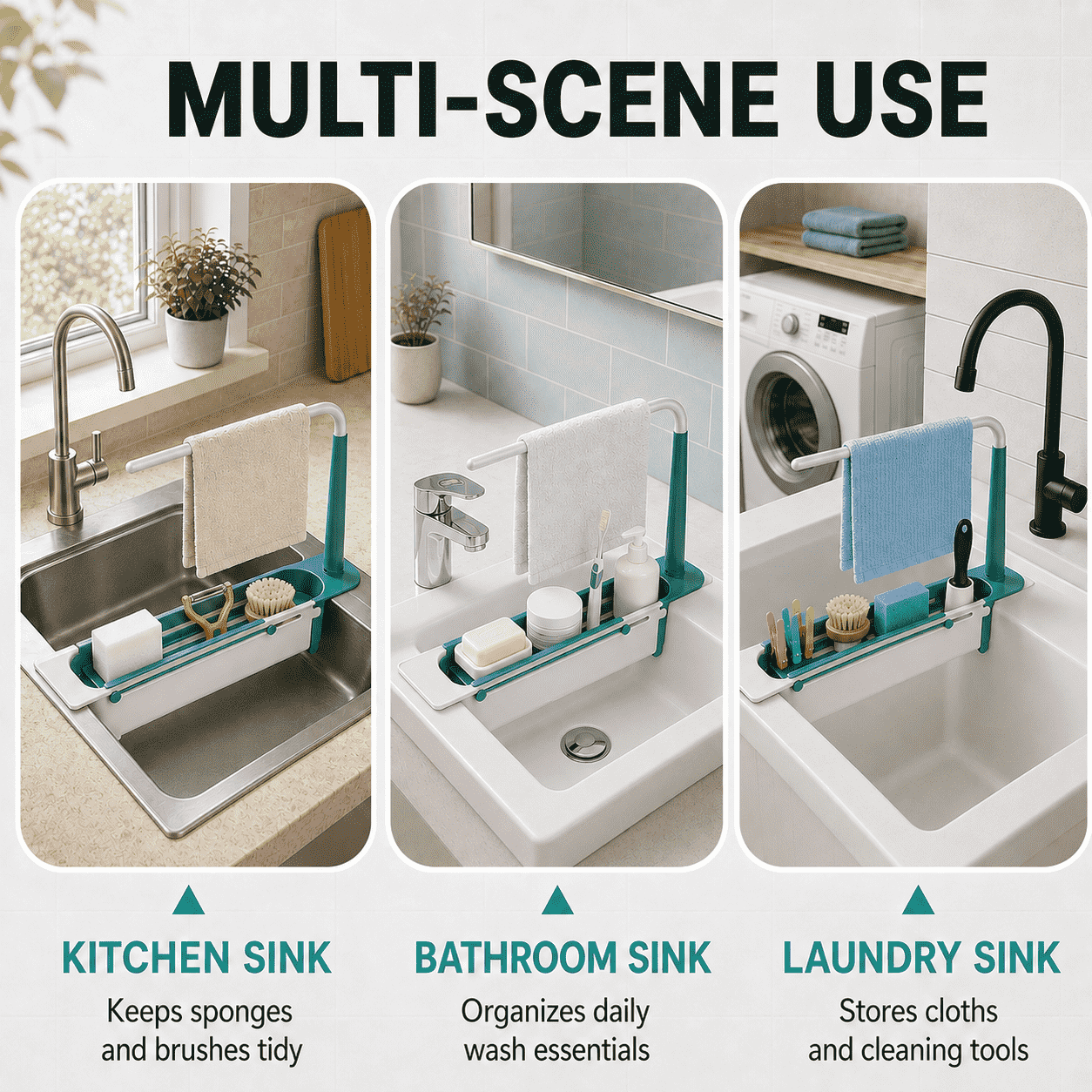 Adjustable Sink Organizer | Hang Towels Up Top, Store Cleaning Supplies Below, Drain Water at the Bottom