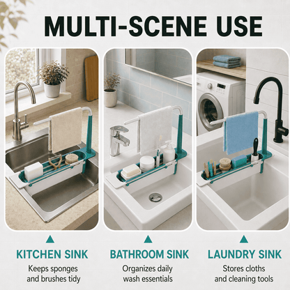 Adjustable Sink Organizer | Hang Towels Up Top, Store Cleaning Supplies Below, Drain Water at the Bottom