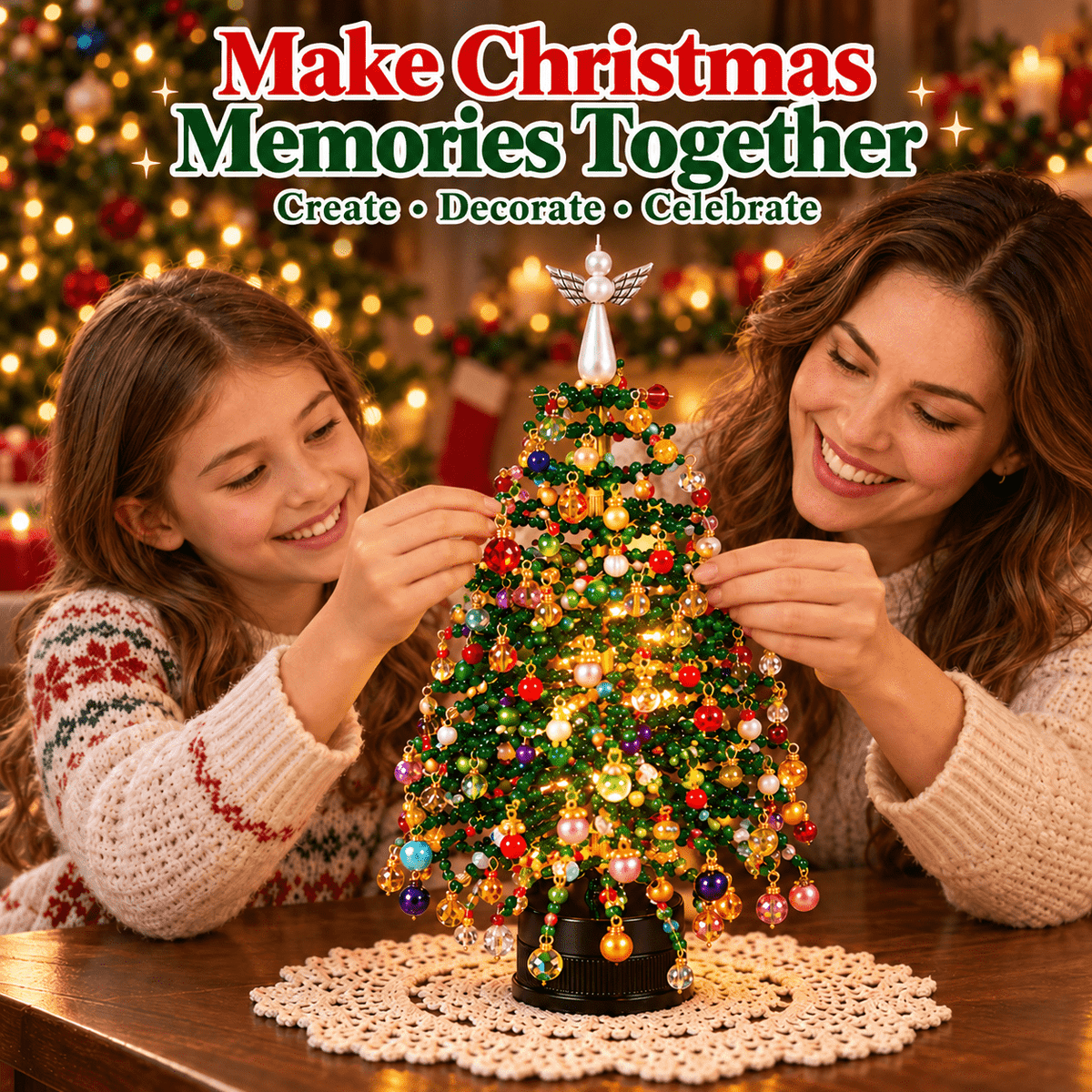 DIY Beaded Christmas Tree Kit – Colorful Ornaments & Pearl Angel Topper