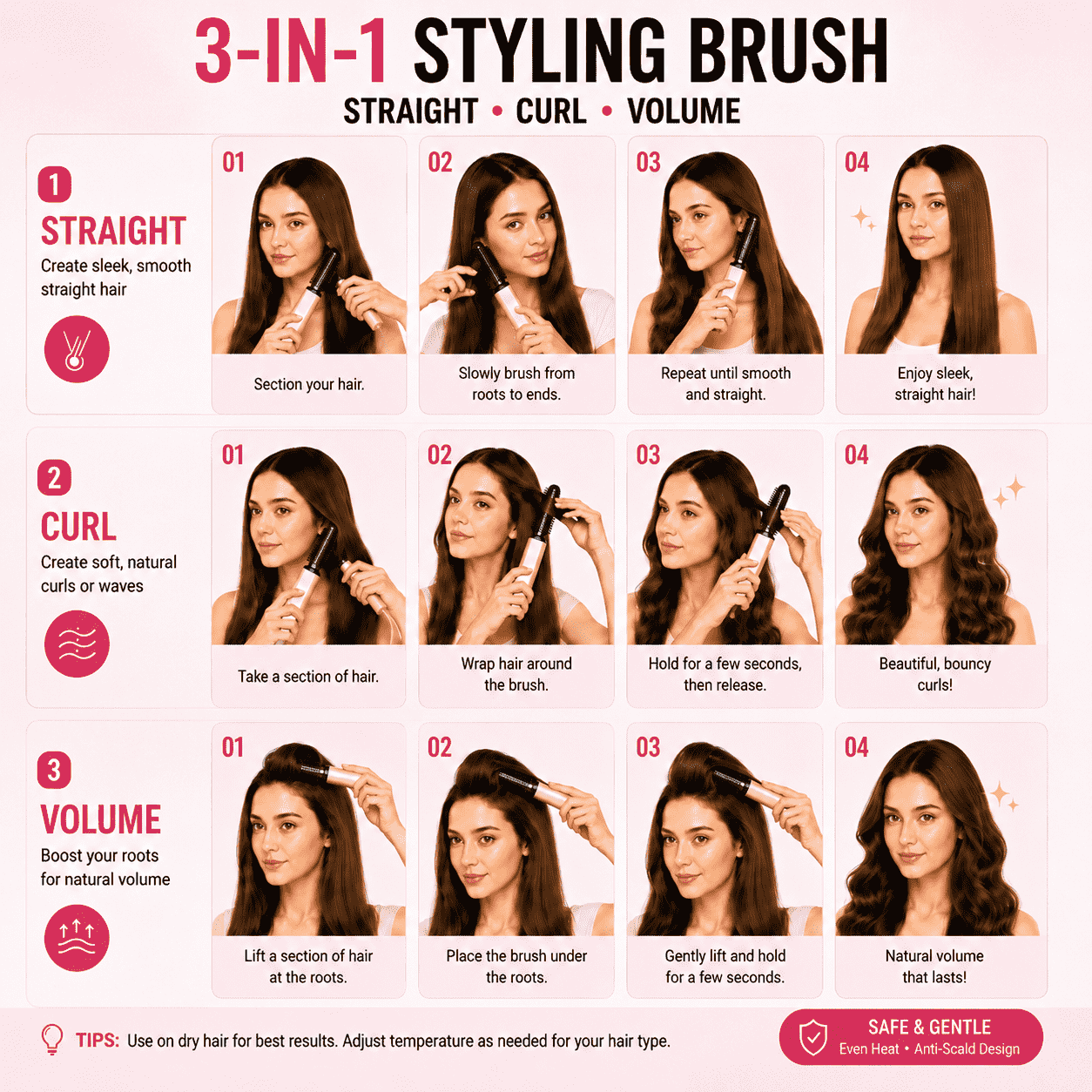 3-in-1 Anti-Scald Hair Styling Brush | Straighten, Curl & Volumize